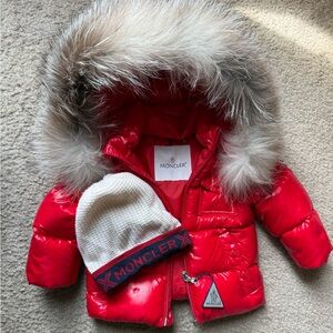 Moncler Red Puffer with Fur Detail